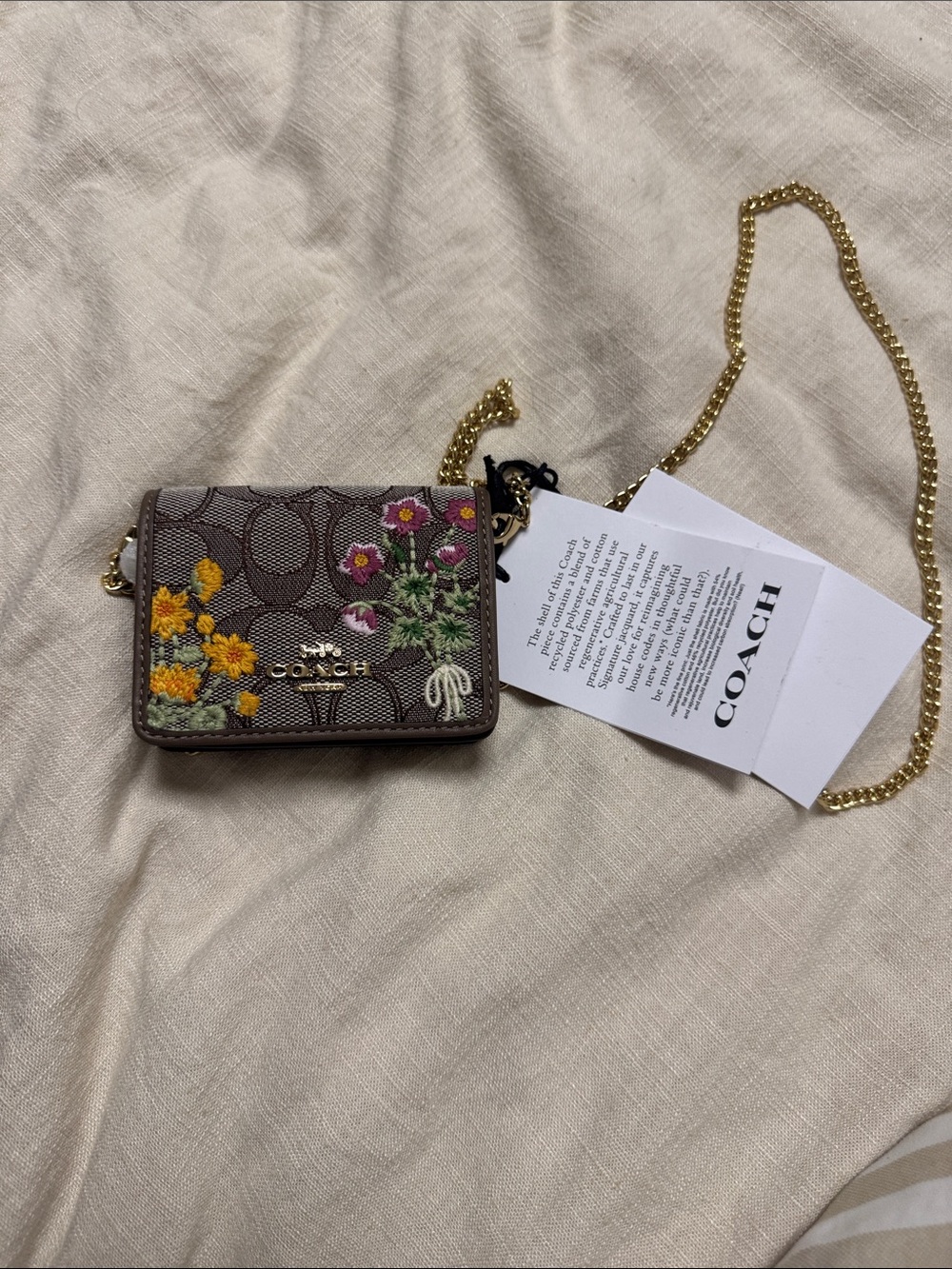 Coach Brown Signature Floral Mini Crossbody with Gold Chain